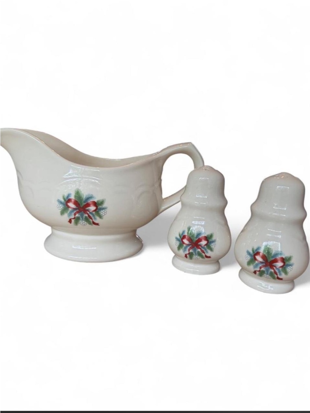 Pfaltzgraff Christmas set gravy boat and salt and pepper shakers